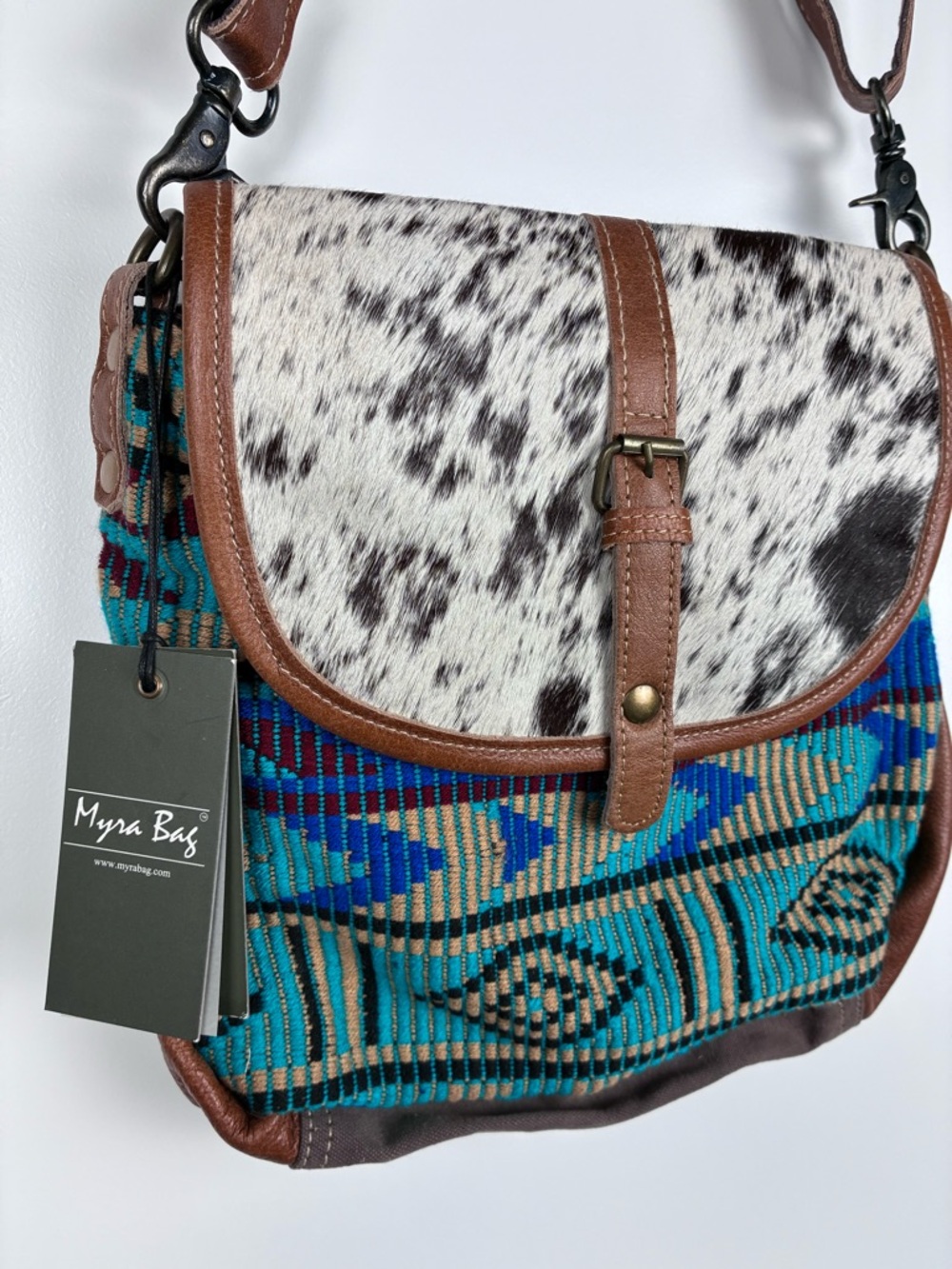 NWT Myra Teal Aztec Crossbody Bag with Brown Leather & Haircalf Flap - Picture 3 of 7